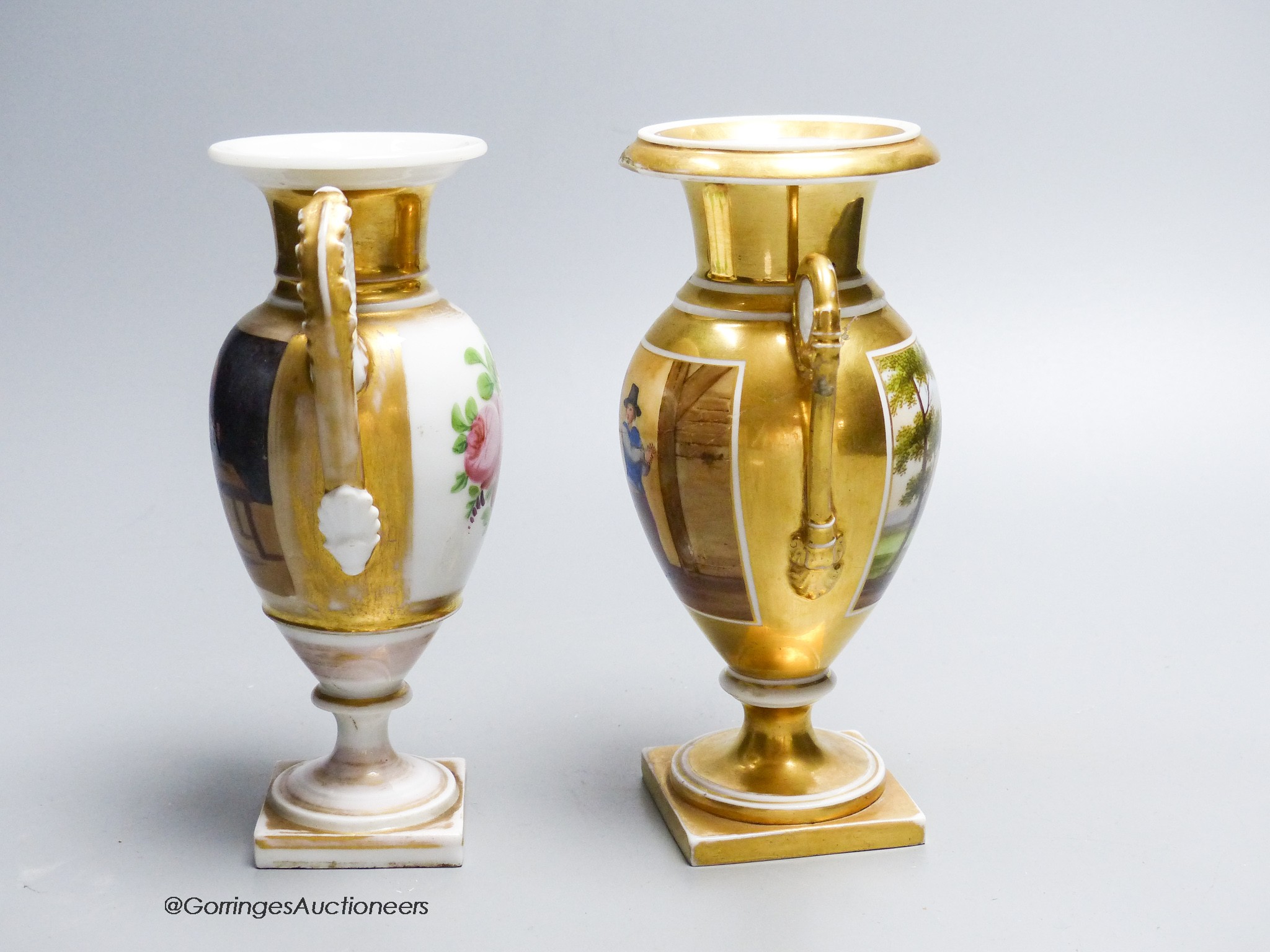 A pair of French porcelain two-handled vases, height 16.5cm